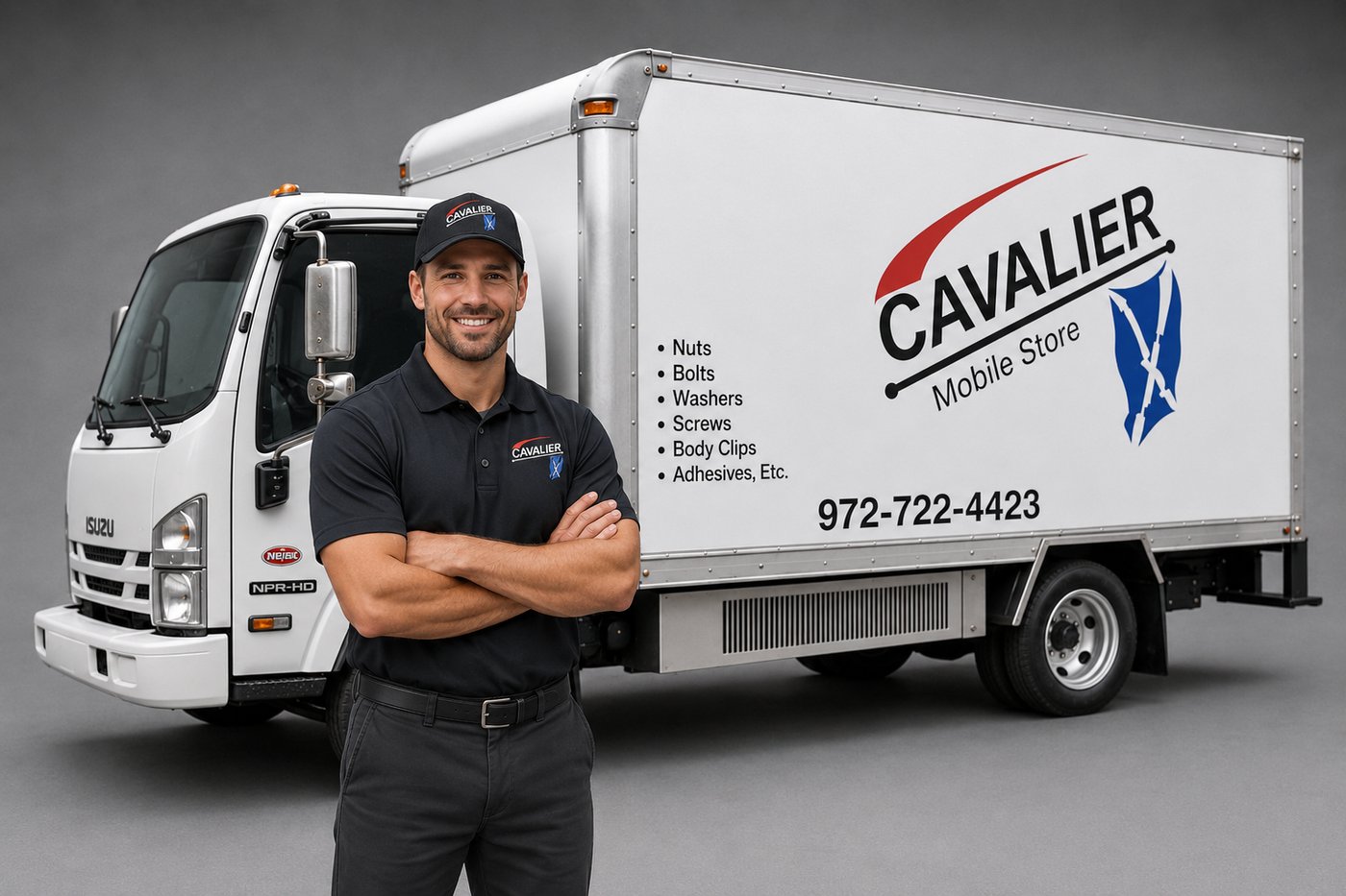 A Cavalier Products route rep standing in front of the Cavalier Mobile Store delivery truck