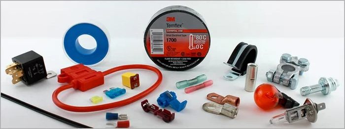 Fuses, relays, terminals, connectors, and heat shrink tubing