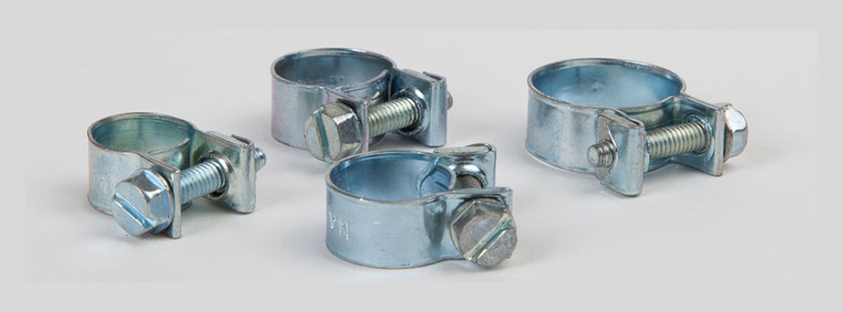 JCS Mini hose clips, zinc-plated nut-and-bolt type for small-bore hose