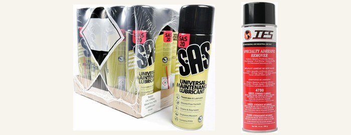 Case of SAS Spray Lube alongside IES specialty adhesive remover